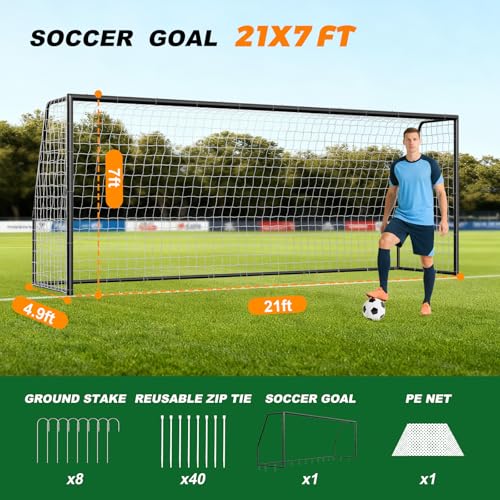 NAIZEA Soccer Goals - 24x8/21x7/18x7/12x6/16x7/10x6/8x6/6x4FT Soccer Goals for Backyard Training- Portable Metal Soccer Net for Youth & Adults - Heavy Duty Steel for Indoor Outdoor Games & Practice - size: 21ft x 7ft, style: Trainer-Black/Steel