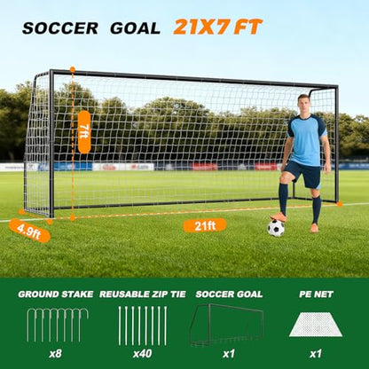 NAIZEA Soccer Goals - 24x8/21x7/18x7/12x6/16x7/10x6/8x6/6x4FT Soccer Goals for Backyard Training- Portable Metal Soccer Net for Youth & Adults - Heavy Duty Steel for Indoor Outdoor Games & Practice - size: 21ft x 7ft, style: Trainer-Black/Steel