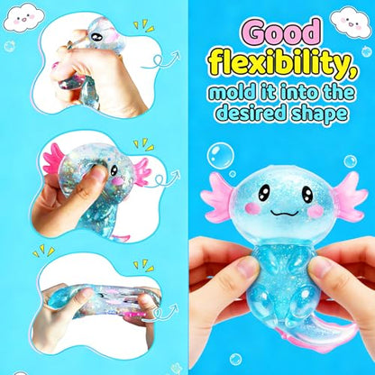 2 Pcs Axolotl Squishy Stress Relief Toy, Stretchy Axolotls Stress Soft Squeeze Sensory Fidget Toys for Kids Adults, Cute Axolotls Squishies Party Favors Classroom (BluePink)