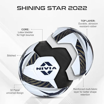 NIVIA Shining Star - 2022 Football/Rubberized Stitched Football/32 Panels/International Match Ball/Size - 5 (Black & White)