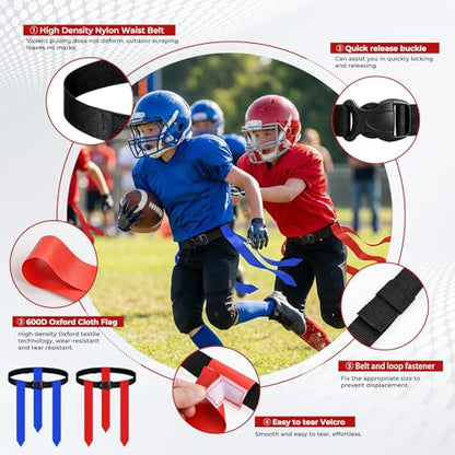 Flag Football Set for 14 Players, Complete 7v7 Game Flag Football Belts Set with Adjustable Belts, Size 6 Ball, Cones & Bag, Perfect for Family Reunions, School P.E. & Recreational Sports