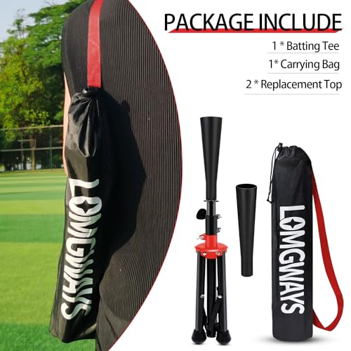 FDLS Baseball Batting tee for Adults and Youth Teens, Portable Tripod Stand Base Tee Easy Adjustable Height 26 to 39 inches for Hitting Training Practice, with 2 Rubber Tops & Carrying Bag
