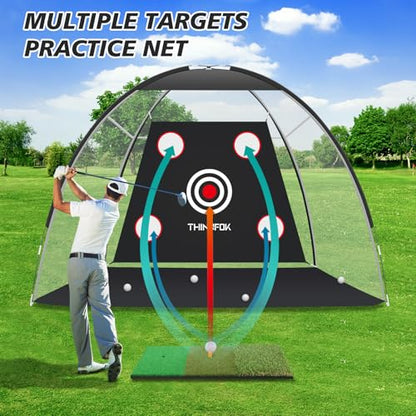 Golf Practice Net and Mat, 10x7FT Hitting Aids for Backyard Driving Chipping Swing Training with Noise Reduce Target Tri-Turf Mats Tees Real Balls for Indoor Outdoor, Gifts for Men Dad