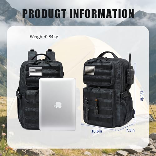 Wotony Military Tactical Backpack for Men Waterproof Daypack 3 Day Assault Pack Molle Bag with Water Bottle Holder - color: Python Black, size: 25L