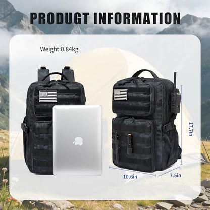 Wotony Military Tactical Backpack for Men Waterproof Daypack 3 Day Assault Pack Molle Bag with Water Bottle Holder - color: Python Black, size: 25L