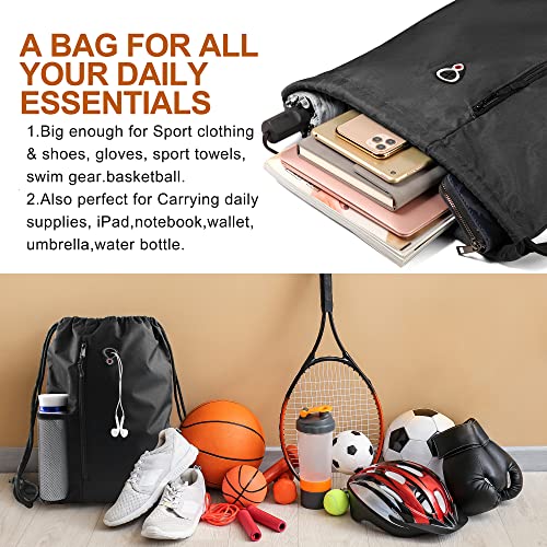 BeeGreen Black Drawstring Backpack Gym Bag For Men Women String Sports Backpack With Water Bottle Mesh Pockets And 2 Zippered Pocket Large Cinch Sackpack Workout Bag 16" x 20" - color: Black, style: Drawstring With Mesh Pocket