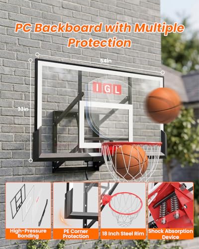 IGL In ground Basketball Hoops Outdoor, 10ft Height Adjustable Basketball Goal In ground with Shatterproof Backboard and Pro-Style Rim - size: 54 inch Backboard - Wall Mount