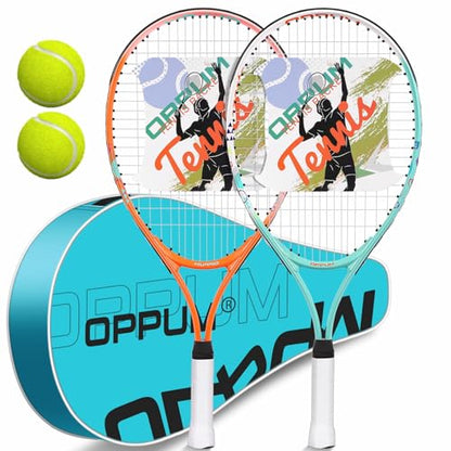 2-Pack Kids Tennis Racket Set, 16 21 23 25 Inch Junior Racquets for Boys Girls, Lightweight Aluminum Starter Kit with Shoulder Bag and 2 Balls - color: Orange & Green