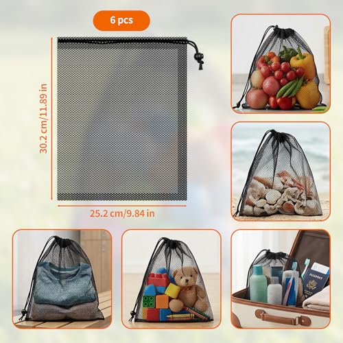 6-Pack Mesh Bags Drawstring- 11.8'' x 9.8'' Breathable Mesh Bag w/Lock for Gym,Travel, Camping, Beach - Multipurpose Storage Net Bag for Balls, Swim Gear, Laundry, Toys