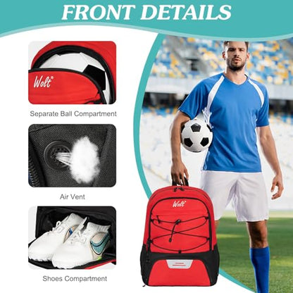 WOLT Soccer Backpack Soccer Bag with Ball Holder & Shoes Compartment, Sport Equipment Bags For Football, Basketball, Volleyball, Gym - color: Red
