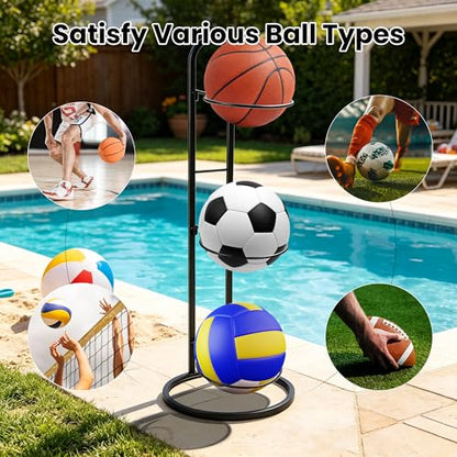 3 Tier Ball Storage Rack, Metal Freestanding Ball Display Holders Organizer Shelf, Garage Sports Equippment Stand, Black