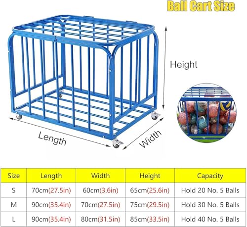 Lockable Ball Storage Cart with Wheels, Heavy Duty Rolling Sports Equipment Organizer Stackable Ball Cage with Lid, Metal Basketballs Footballs Rack for School/Gym(90x70x75cm) - size: 90x70x75cm