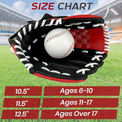 Baseball Glove + Ball Sets, Softball Glove, Baseball Mitt, 10.5''-12.5'' for Youth/Adult Training and Beginner Play, Synthetic Leather Softball Mitt - color: Black,Red, size: 10.5"