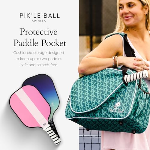 Pik’le’Ball Sport Premium Women's Pickleball Bag – Stylish and Versatile Sports Bag with Water Bottle Holder, Padded Paddle Pocket, and Spacious Design (fits 2+ Paddles!) - color: Court Couture Green