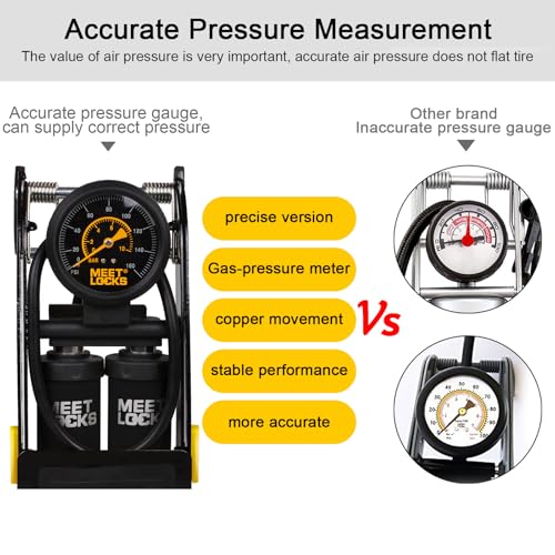 Double Cylinder Barrel Bike Foot Pump,160PSI Aluminum Body Floor Air Pump with Precisional Accurate Pressure Gauge Smart Valve Head for Presta Schrader & Deutschland Valve Bicycle Tire Pumps