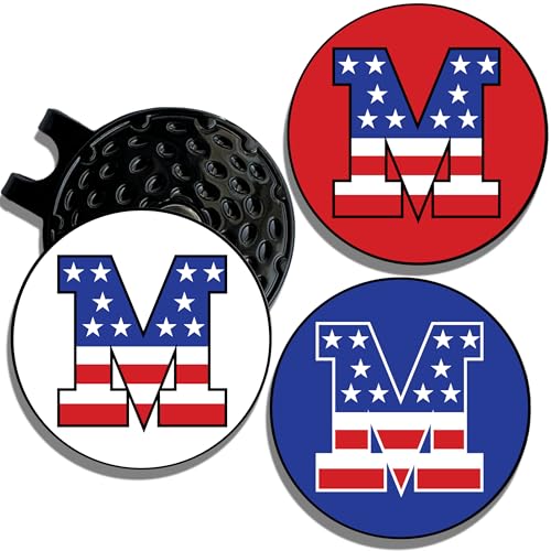 Wolf Golf Towels Golf Ball Marker Hat Clip | USA Monogram | 1 Magnetic Clip + 3 Ball Markers | Patriotic Golf Accessories for Men & Women - color: M - Red White & Blue