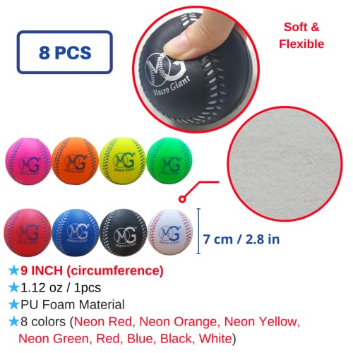 Macro Giant 27 Inch T Ball, Tee Ball, T-Ball Set, 1 Blue Bat, 8 PU Foam Baseballs, Multi Colors, Training, Youth Batting Trainer Beginner, School Playground