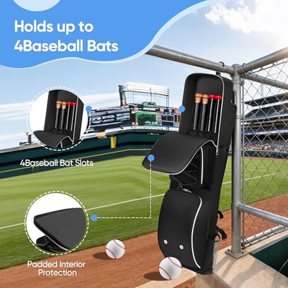 Baseball Bat Bag Backpack for 3-4 Baseball Bats with Multi-pocket and Separate Shoe Compartment, Soft Bat Bag with Fence Hook and Adjustable Shoulder Strap, Suit for Baseball, Softball, T-ball Bat