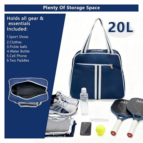Pickleball Bag for Women Men, Large Pickleball Backpack with Shoe Compartment, Pickle Ball Bag with Paddle Cover Pocket Holds 2 Paddles - color: Navy Blue
