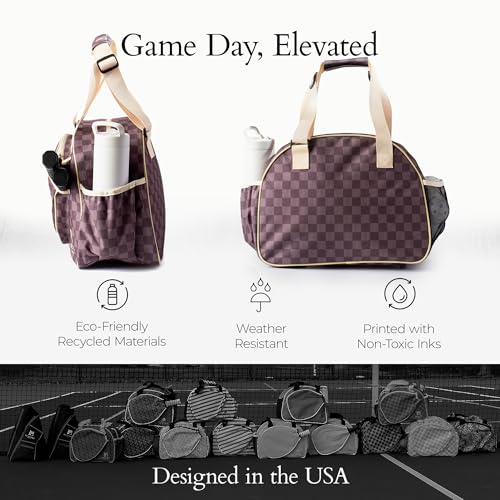 Pik’le’Ball Sport Premium Women's Pickleball Bag – Stylish and Versatile Sports Bag with Water Bottle Holder, Padded Paddle Pocket, and Spacious Design (fits 2+ Paddles!) - color: Checkered Chic Brown