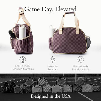 Pik’le’Ball Sport Premium Women's Pickleball Bag – Stylish and Versatile Sports Bag with Water Bottle Holder, Padded Paddle Pocket, and Spacious Design (fits 2+ Paddles!) - color: Checkered Chic Brown