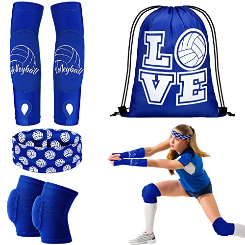 Yinder 4 Pcs Volleyball Knee Pad and Arm Sleeve Volleyball Accessories Stuff Forearm Elbow Sleeve Wrist Guard with Protection Pad and Thumb Hole for Women Men Adult - color: Blue, size: Small