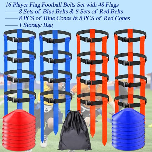 16 Sets Flag Football Belts, Adjustable Flag Football Set, Flag Football Flags Training Set Include Cones - color: 16sets Flag Football Belts With Cones