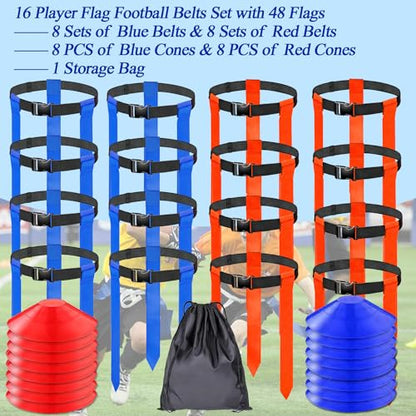 16 Sets Flag Football Belts, Adjustable Flag Football Set, Flag Football Flags Training Set Include Cones - color: 16sets Flag Football Belts With Cones