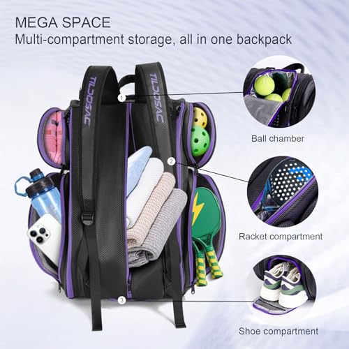 TILDOSAC 2-in-1 Detachable Pickleball & Padel Bag for Men Women | Thermal Foil Insulated Racket Compartment | Outdoor & Gym - color: Black Purple