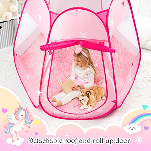 Princess Castle Girls Play Tent with Rug Pop Up Play Tent for Toddlers Kids DISHIO Playhouse Toys for 1 Year Old Birthday Gift Fairy for Girls with Lights Indoor Outdoor Kids with Mat - style: Tent with pink rug/lights