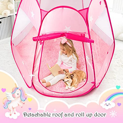 Princess Castle Girls Play Tent with Rug Pop Up Play Tent for Toddlers Kids DISHIO Playhouse Toys for 1 Year Old Birthday Gift Fairy for Girls with Lights Indoor Outdoor Kids with Mat - style: Tent with pink rug/lights