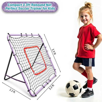 Soccer Rebounder Net, Adjustable Angle Multi-Sport Training Goal for Kids & Teens Ages 3+, Portable Backyard Practice Net with Lavender Frame & Red Target Grid