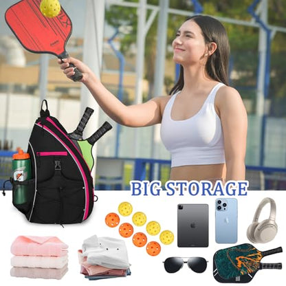 Goloni Pickleball Sling Bag for Men Women, Lightweight Pickleball Backpack with Fence Hook - color: Black Rose