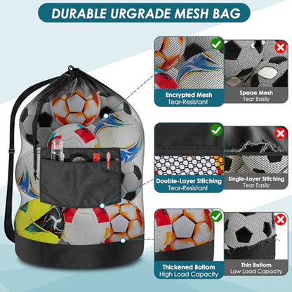 BROTOU Extra Large Soccer Ball Net Bag, 40" x 30" Drawstring Mesh Ball Bag with Zipper Pocket, Sports Equipment Bag for Gym, Cloth, Beach, Swimming Gears - color: Black-2pcs-Durable Upgrade