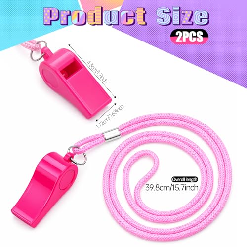 2 PCS Plastic Whistle for Coaches, Pink and Black Sports Whistle with Lanyard Plastic Sports Whistles Loud Crisp Sound Whistles with Mouth Grip for Outdoor Sport Referees Officials Emergency Survival