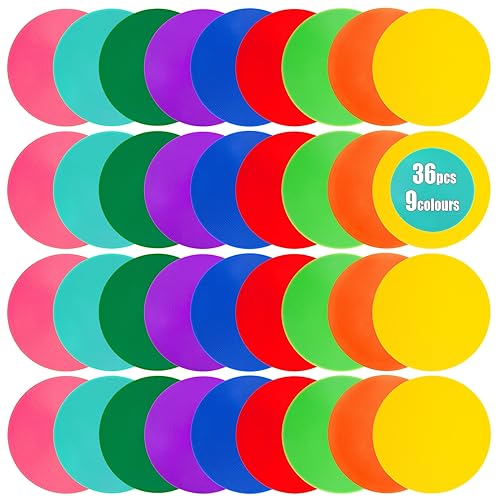 Spot Markers 9/10 Inch Floor dots Non-Slip Rubber Agility Markers Flat Field Cones for Gym/PE Soccer Football, Basketball Training Markers,School Activities, Exercise Drills, Dance Practice - style: 9 inch 36Pcs(9 Colors)