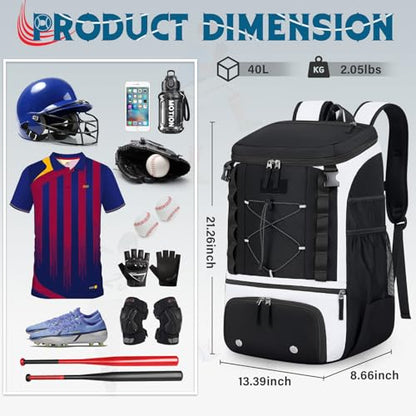 Baseball Bag Lightweight Softball Bags for Adults Youth 40L Large Baseball Backpack with Shoe Compartment, Helmet Holder, Fence Hook Waterproof Softball Bats Bag for T-Ball & Softball Equipment - color: Black & White