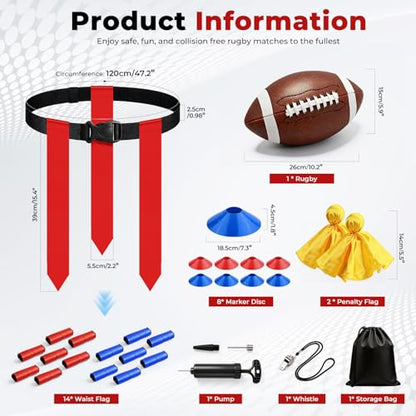 Flag Football Set for 14 Players, Complete 7v7 Game Flag Football Belts Set with Adjustable Belts, Size 6 Ball, Cones & Bag, Perfect for Family Reunions, School P.E. & Recreational Sports