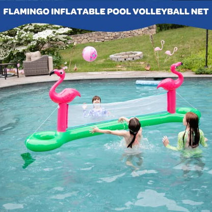 Giant Inflatable Pool Volleyball Net Set w Ball- 12 ft Long XL Size, Durable Thick PVC Material- Flamingo- Easy Inflate- Outdoor/Backyard Summer Swim BBQ Party Fun- Kids, Teens Water Float Game Toy