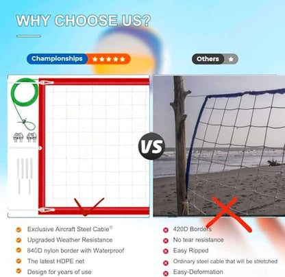 Professional Volleyball net Outdoor Heavy Duty, Lengthened Aircraft Wire Rope, Upgraded Weather Resistance, Thicker Border for Indoor Outdoor Backyard Pool Schoolyard Beach 32x3FT(Net Only)