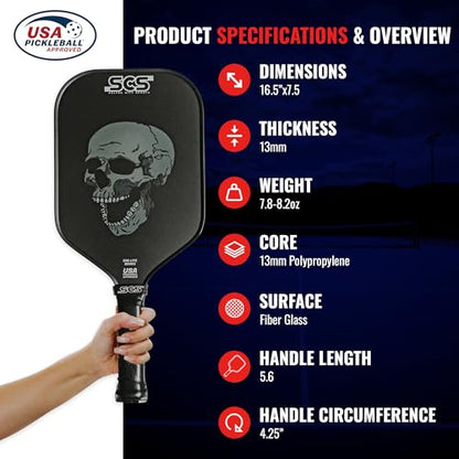 SCS Carbon Fiber Pickleball Paddle – USAPA Approved 2024 – Lightweight, Enhanced Spin, Sure-Grip Handle – Evo-Lite Series for Intermediate Players - color: Nightmare