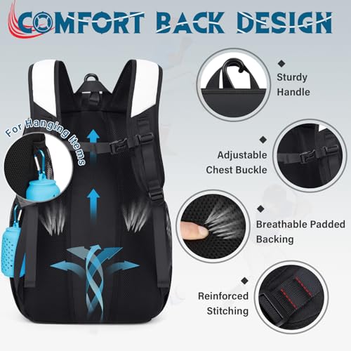 Baseball Bag Lightweight Softball Bags for Adults Youth 40L Large Baseball Backpack with Shoe Compartment, Helmet Holder, Fence Hook Waterproof Softball Bats Bag for T-Ball & Softball Equipment - color: Black & White