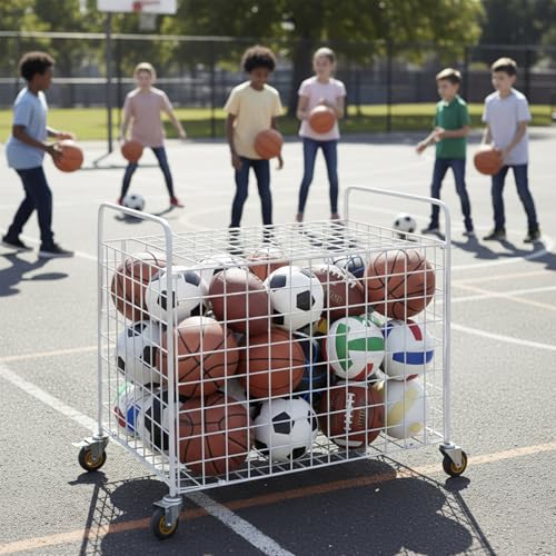 MyGift Professional Gym Metal Multi Sports Ball Storage Cart with Jumbo Industrial Wheels, Commercial Grade Portable Equipment Locker Cage for Basketball, Football, Soccer, Volleyball