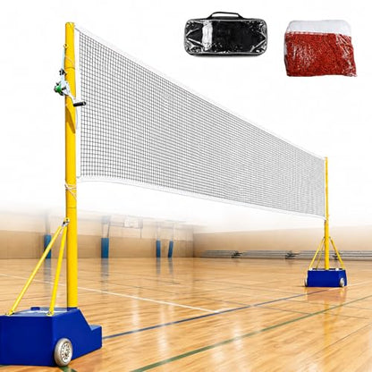 Backyard Volleyball Badminton Net Set, Portable Adjustable Net System with Built-in Wheels, Steel Poles & Fillable Base for Beach Lawn Park Games