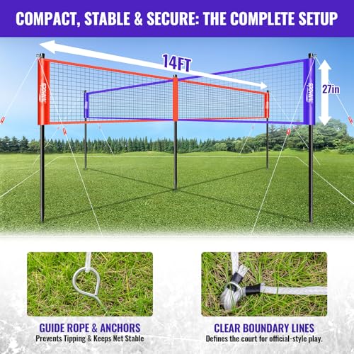 SPOYNAL 14FT 4 Way Volleyball Net Set, 4 Square Volleyball Game Set with Adjustable Height 7/5.3/3.5 FT, Outdoor Games for Backyard, Beach, Park with Volleyball & Carry Bag