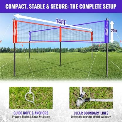 SPOYNAL 14FT 4 Way Volleyball Net Set, 4 Square Volleyball Game Set with Adjustable Height 7/5.3/3.5 FT, Outdoor Games for Backyard, Beach, Park with Volleyball & Carry Bag