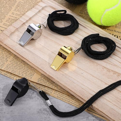 3 PCS Metal Whistle, Stainless Steel Coach Whistle Basketball Whistles with Lanyard for Teachers, Loud Sound Referee Whistles for Emergency, Sports, Soccer, Basketball (Black, Gold, Silver)