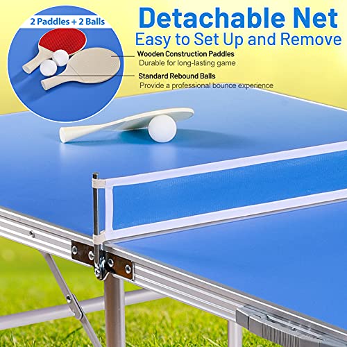 GYMAX Indoor Table Tennis Table Set, Folding Ping Pong Table with Net, 2 Paddles & 2 Balls, Multipurpose Free Standing Table Tennis Kit
