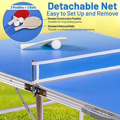 GYMAX Indoor Table Tennis Table Set, Folding Ping Pong Table with Net, 2 Paddles & 2 Balls, Multipurpose Free Standing Table Tennis Kit