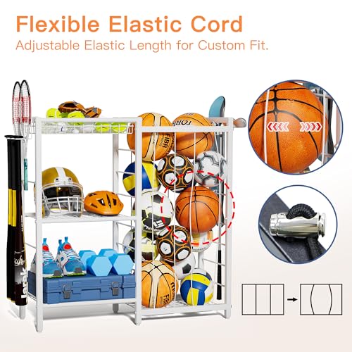 FAMIDGE Sports Equipment Organizer, Ball Storage Rack with Elastic Straps, Garage Sports Organizer Storage Cart with Hooks, Basketball Rack for for golf, Football, Soccer Ball, Bat, White